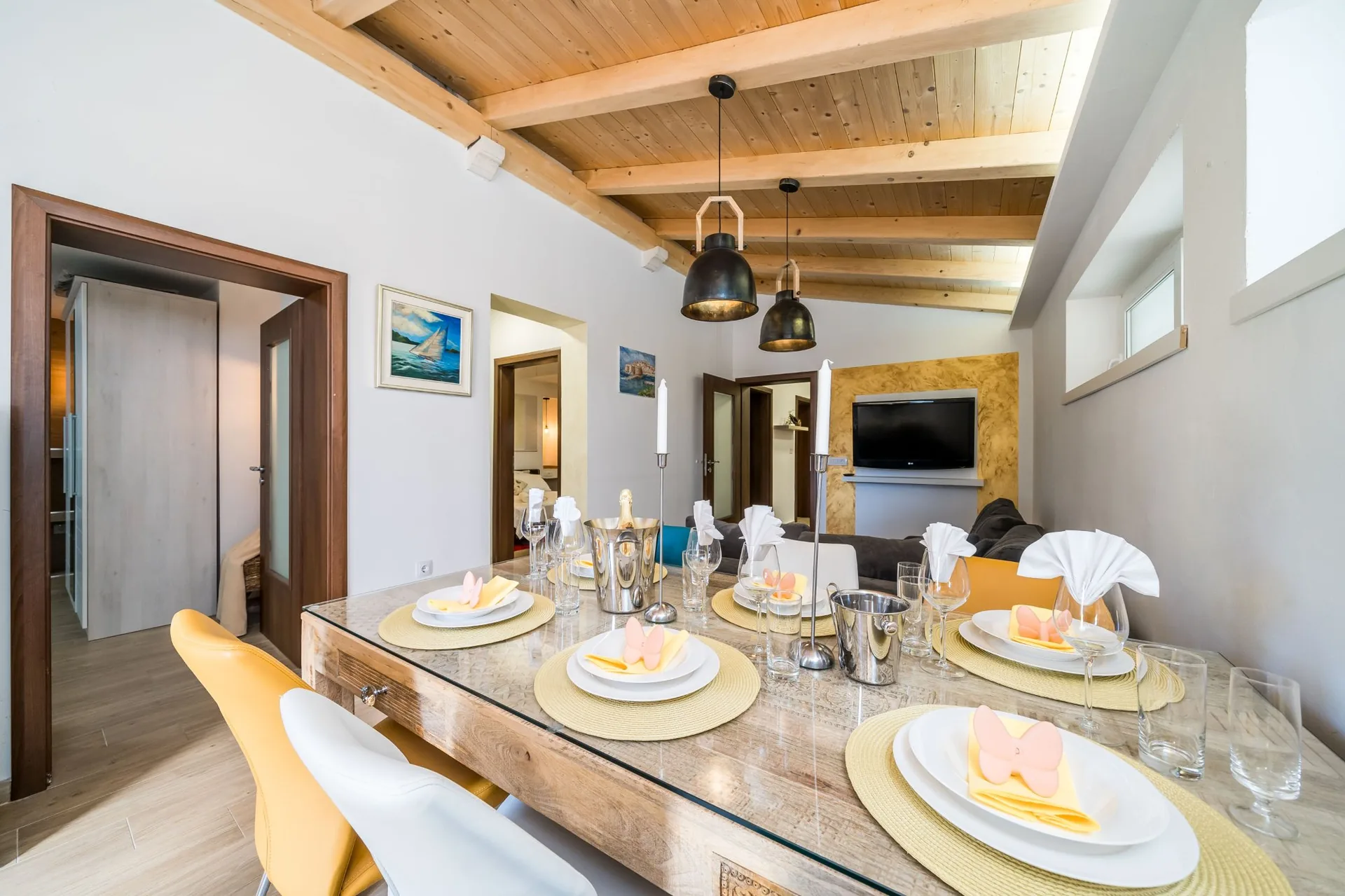 luciana residence dining table set wooden ceiling
