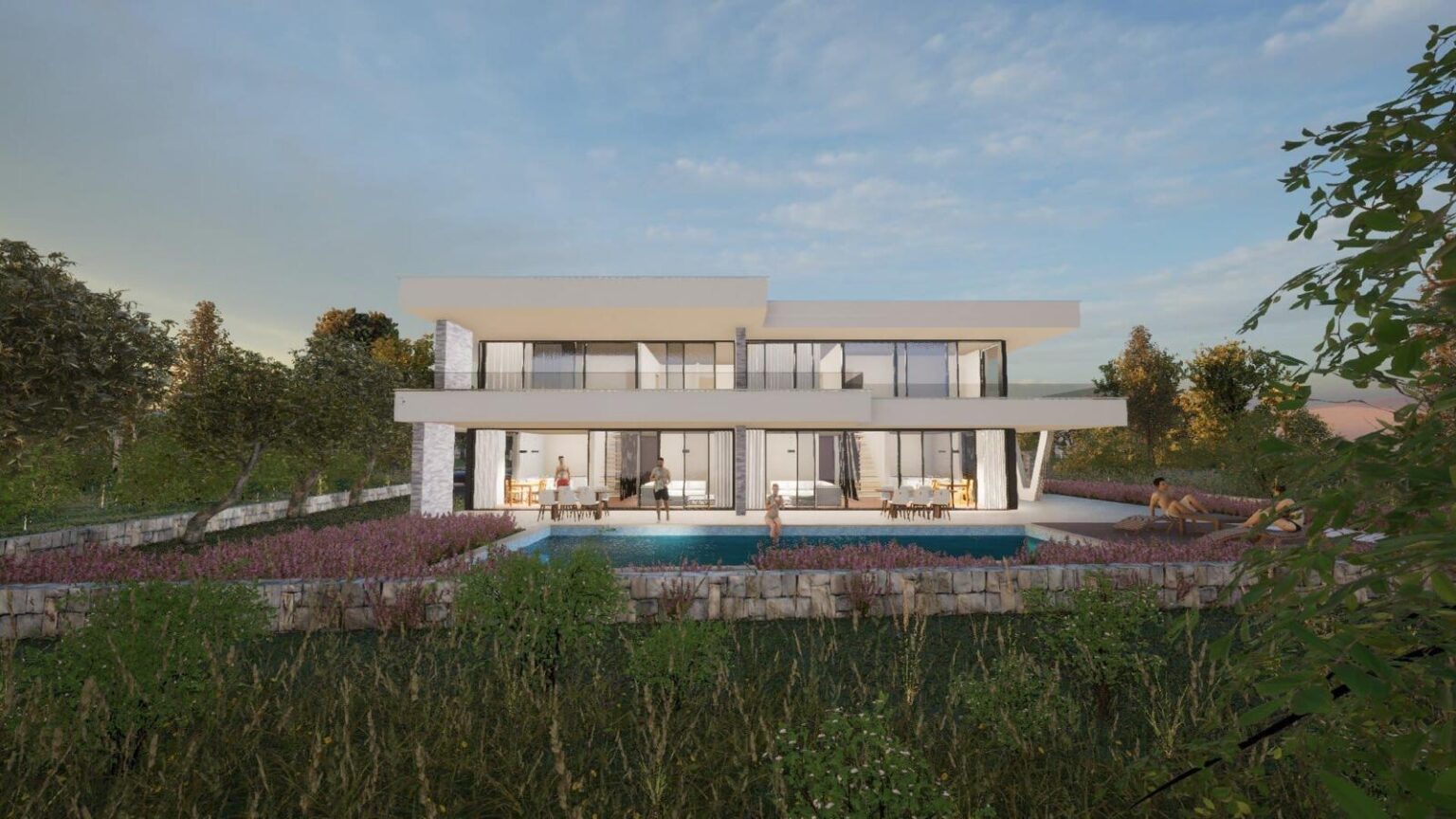 primosten villa render pool garden dusk front view