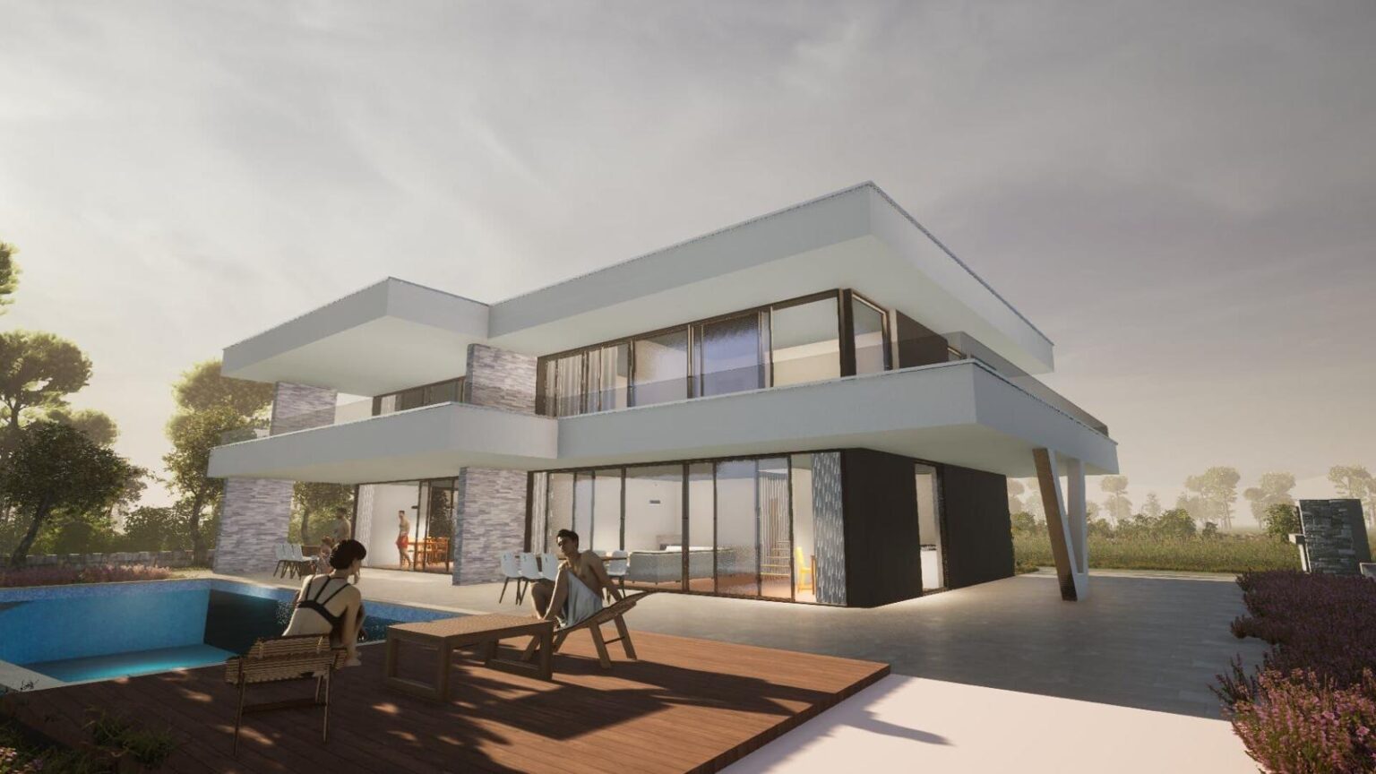 primosten villa render pool terrace stone facade evening